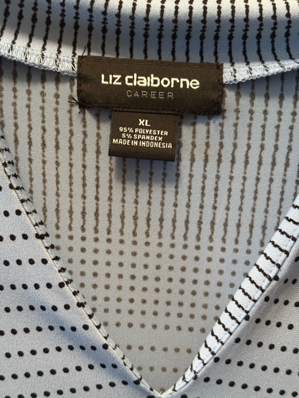 Liz Claiborne Light Blue and Black Polka Dot V-Neck Blouse